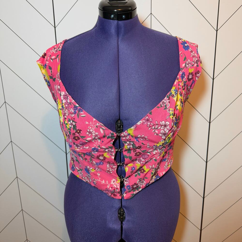 AFRM Myla Corset Womens Large Pink Floral Short Sleeve Open Front Crop Top
